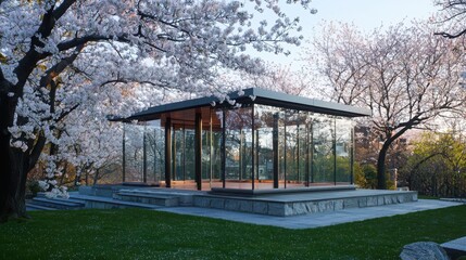 Poster - Experience the tranquility of a tinted glass pavilion amid cherry blossoms in a serene garden setting