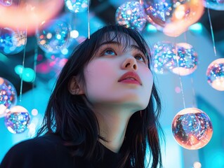 Poster - Asian woman gazing upward in a vibrant neon dreamscape with hanging orbs futuristic environment ethereal concept