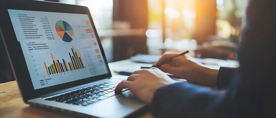 Fototapete - analyzing financial data with a laptop.