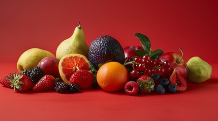 Wall Mural - A variety of fresh fruit on a red background.