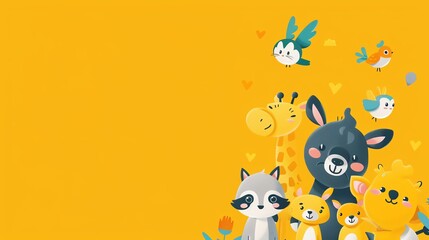 Wall Mural - Cartoon animals on a yellow background.