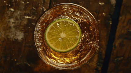 Wall Mural - refreshing glass of kombucha with slice of lime, viewed from above, showcasing bubbles and rustic wooden background. vibrant lime adds zesty touch to effervescent drink