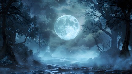 Mystical Forest Night Scene with Full Moon