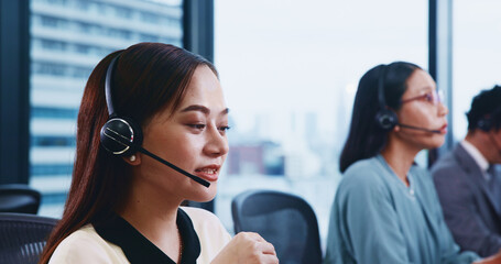 Aufkleber - Call center, headset and Japanese woman for customer service, technical support and advice in agency. Female person, coworking and consulting as virtual assistant, talking and feedback for help desk