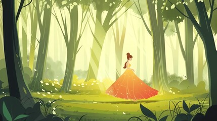 Wall Mural - A cartoon illustration of a woman in a dress walking through a forest.