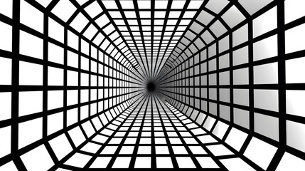 Poster - Abstract black and white tunnel with grid pattern, receding to a vanishing point.