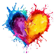 Poster - A vibrant heart shape created from colorful paint splashes against a transparent background, a colorful heart made splashes isolated, transparent background.