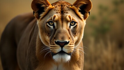  A close-up portrait of a powerful lioness, showcasing her soulful eyes, smooth coat, and graceful features. The background is softly blurred, emphasizing her strength and beauty.