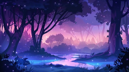 Wall Mural - An illustration of a magical forest with glowing lights and a stream.