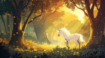 Wall Mural - A white unicorn stands in a sun-drenched forest.