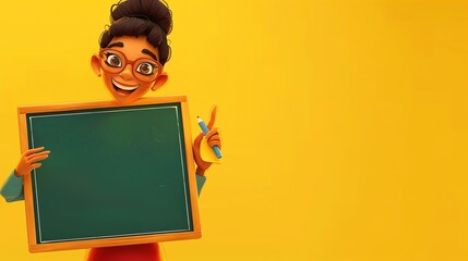 A cartoon woman holding a blank chalkboard.