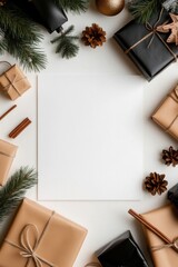 Wall Mural - Christmas background featuring gifts, pine cones, fir branches, cinnamon sticks, and blank paper