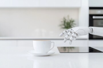 Aufkleber - Robotic Hand Serving Coffee on a Modern Kitchen Countertop