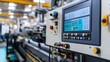 © pook - A detailed photograph of a horizontal plastic injection molding machine, showcasing the mold area and control panel, set against a white background.