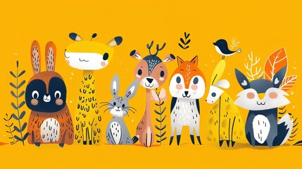 Wall Mural - A cartoon illustration of a group of woodland animals on a yellow background.