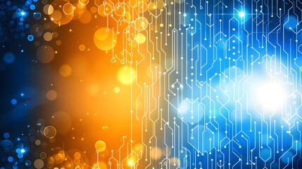 Poster - Abstract digital background with glowing circuit board lines and bokeh lights in blue and orange.
