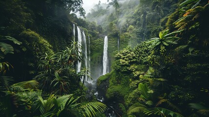 Wall Mural - Lush jungle scenery with a waterfall and mist.