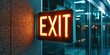 © นางสาววัญญา วิเศษสิง - A glowing 'EXIT' sign illuminates a modern building hallway, guiding visitors toward the exit in a sleek, urban environment.