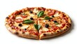 © vivekFx - Fresh baked pizza with tomato sauce, cheese, black olives, basil leaves, sliced tomatoes and mushroom on white background
