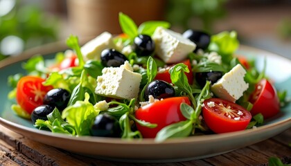 Canvas Print - A vibrant salad with cheese cubes, cherry tomatoes, olives, and leafy greens in a bowl on a wooden table