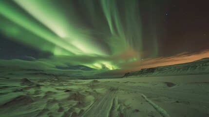 a snowy mountain range at night with the aurora borealis in the sky.