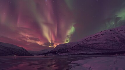 a snowy mountain range at night with the aurora borealis in the sky.