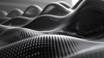 Poster - Abstract grayscale 3D rendering of a flowing metallic mesh surface.
