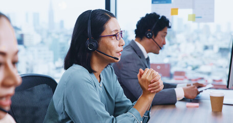 Aufkleber - Mature, female person and headset as customer service in crm, feedback or help desk as consultant. Call center, microphone and Japanese woman in agency in coworking space, technical support or advice