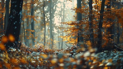 Wall Mural - A misty forest in the autumn with sunbeams shining through the trees.