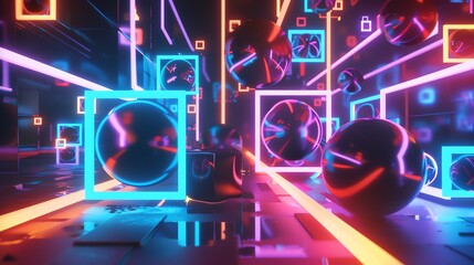 Wall Mural - an abstract, 3d render of neon lights and spheres in a futuristic space.