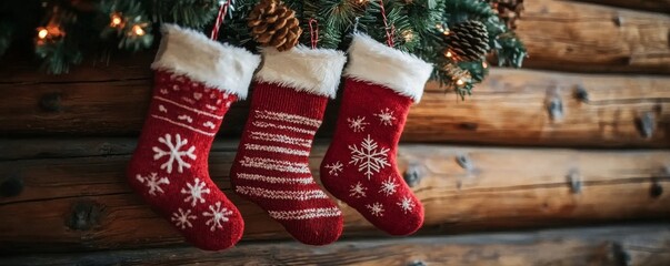 Wall Mural - Cozy red Christmas stockings hang on a wooden wall, adorned with festive patterns and white fur trim, evoking holiday cheer.