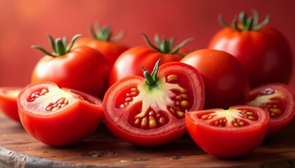 Wall Mural - A vibrant display of ripe cherry tomatoes on a wooden platter