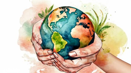 Wall Mural - Hands protecting the world illustration in water color style background. Earth day concept