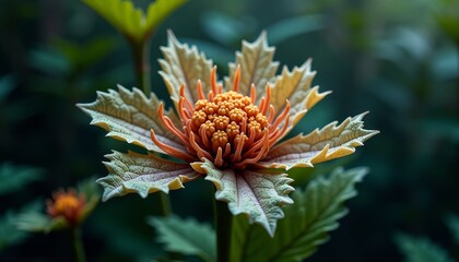 A yellow flower in the center of a plant with green leaves