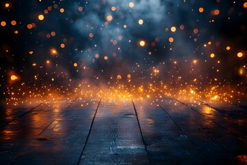 A mystical scene featuring a sparkling floor with glowing particles and a dark, smoky background, creating an enchanting atmosphere.