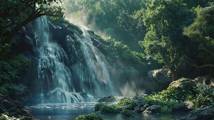 Wall Mural - A waterfall in a lush green forest with sunlight filtering through the trees.