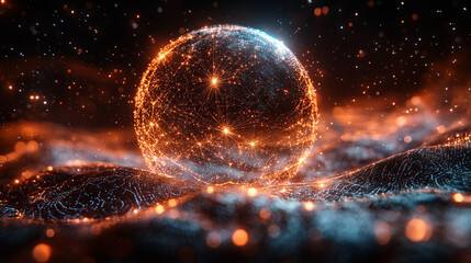 Wall Mural - Illuminated glowing sphere hovering over a digital landscape with vibrant light effects