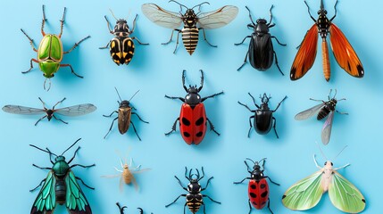 Wall Mural - A collection of various insects arranged in rows on a blue background.