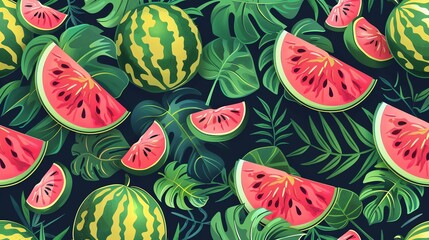 Wall Mural - A seamless pattern with watermelon slices and leaves on a dark background.