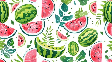 Wall Mural - A seamless pattern of watermelons and leaves on a white background.