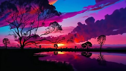 Wall Mural - Beautiful colorful trendy viva magenta color sunset sky landscape. 