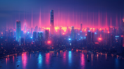 Poster - Vibrant futuristic city skyline with neon pink and blue lights reflecting on water at night