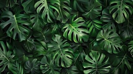 A lush, green tropical background with overlapping leaves.