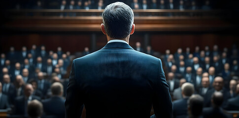 Poster - A speaker addresses a large audience in a formal setting, conveying a message or proposal.