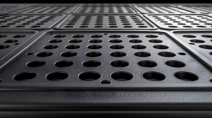 Fototapete - Dark gray metal plates with circular holes, perspective view.