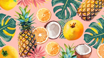 Canvas Print - A seamless pattern of tropical fruits and leaves on a pink background.