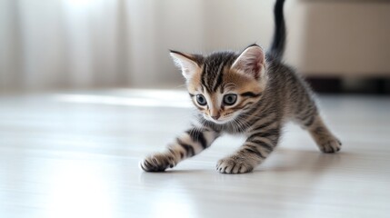 Poster - Adorable Tabby Kitten Walking On Light Floor