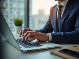 Wall Mural - Business man working using laptop computer Hands typing keyboard. Professional investor working start up project. business planning in office. Technology business Concept