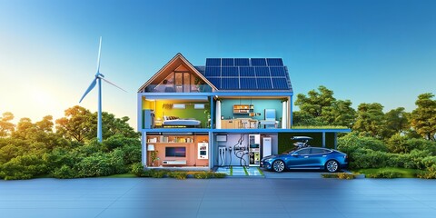 Wall Mural - Cross-section view of a modern eco-friendly house, showcasing a detailed interior with visible energy systems, solar panels on the roof, a small wind turbine in the backyard