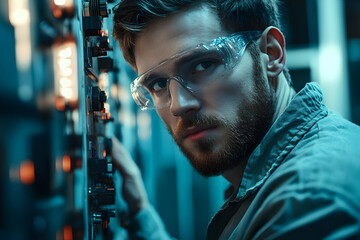 Poster - A focused technician adjusts equipment in a high-tech environment, wearing safety glasses.